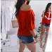 Spot new wise amazon ebay popular loose off shoulder bat shirt printed T-shirt women OM8839