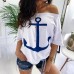 Spot new wise amazon ebay popular loose off shoulder bat shirt printed T-shirt women OM8839
